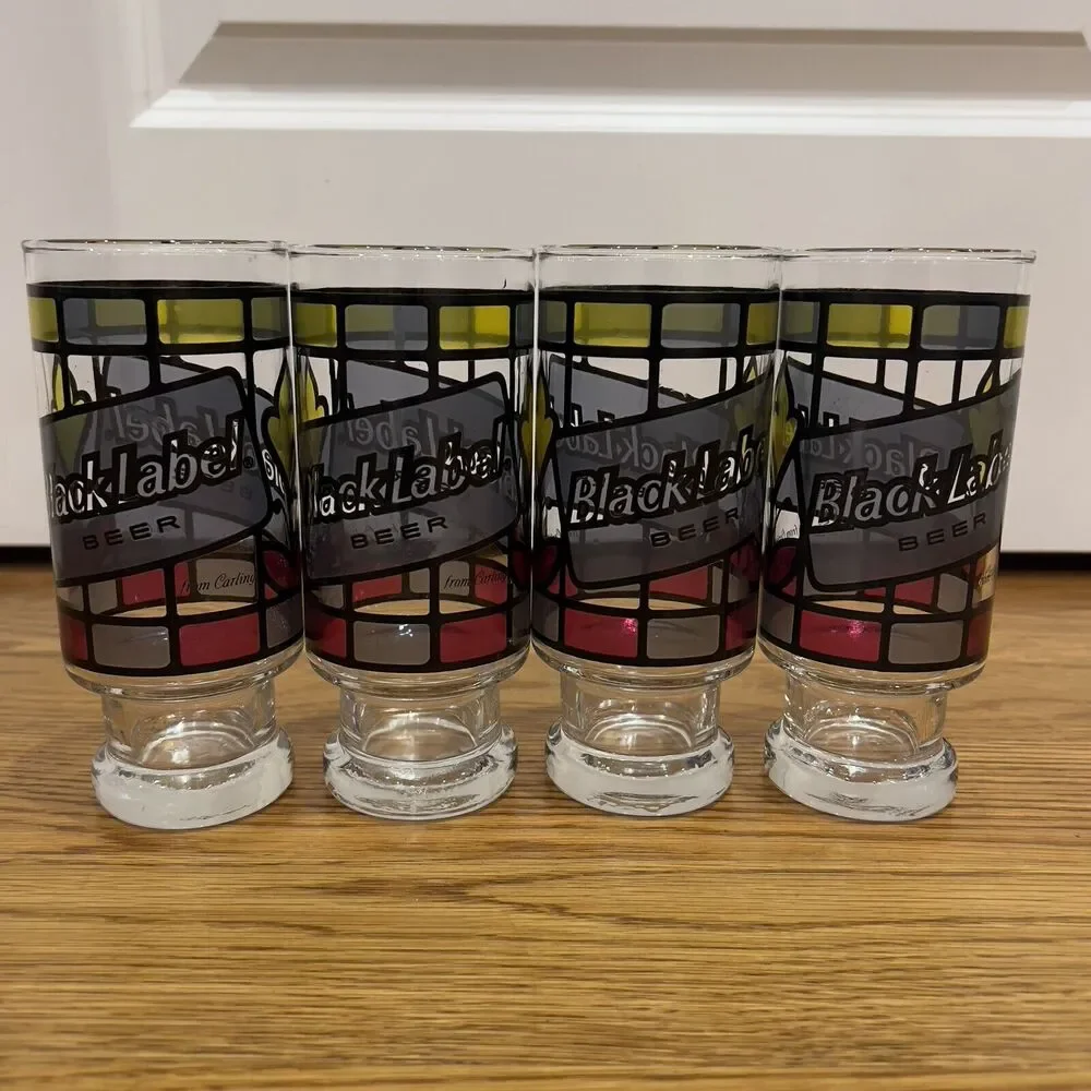 Anchor Hocking Stained Glass Beer Tumbler Black Label‎ Vintage Set Of 4